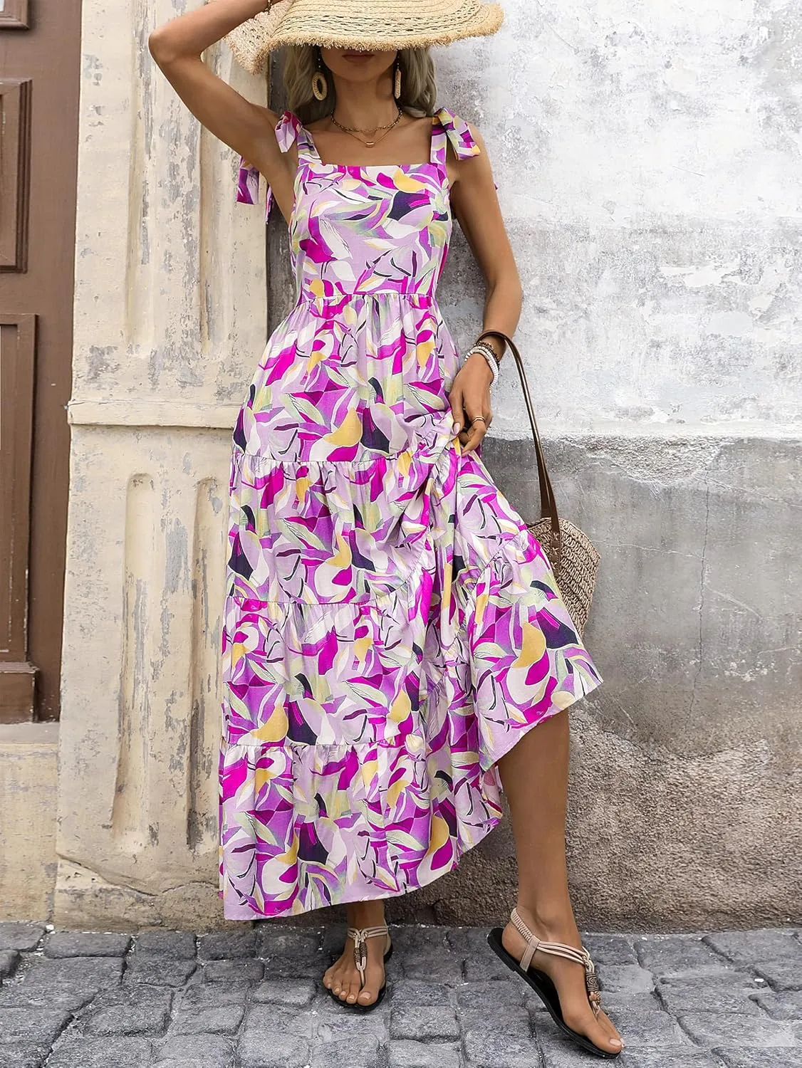 PRETTYGARDEN Womens Dresses 2025 Summer Floral Sleeveless Maxi Dress Casual Spaghetti Strap Tiered Flowy Beach Long Dress