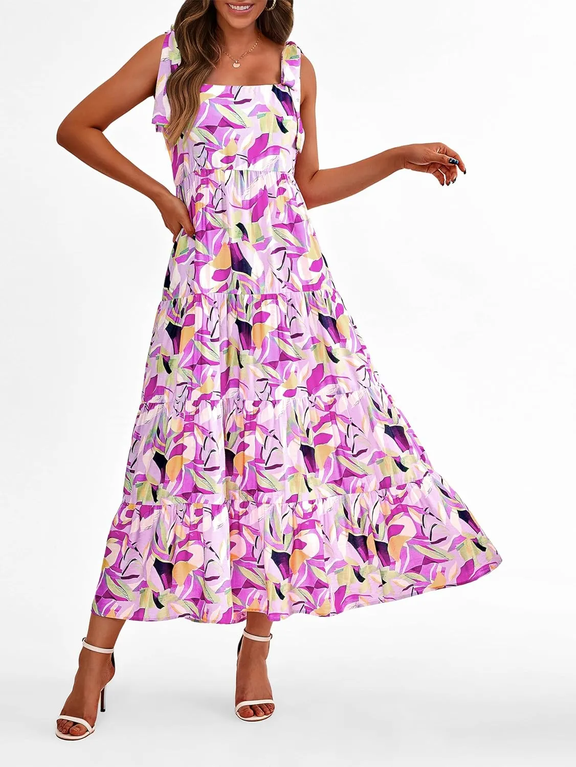 PRETTYGARDEN Womens Dresses 2025 Summer Floral Sleeveless Maxi Dress Casual Spaghetti Strap Tiered Flowy Beach Long Dress