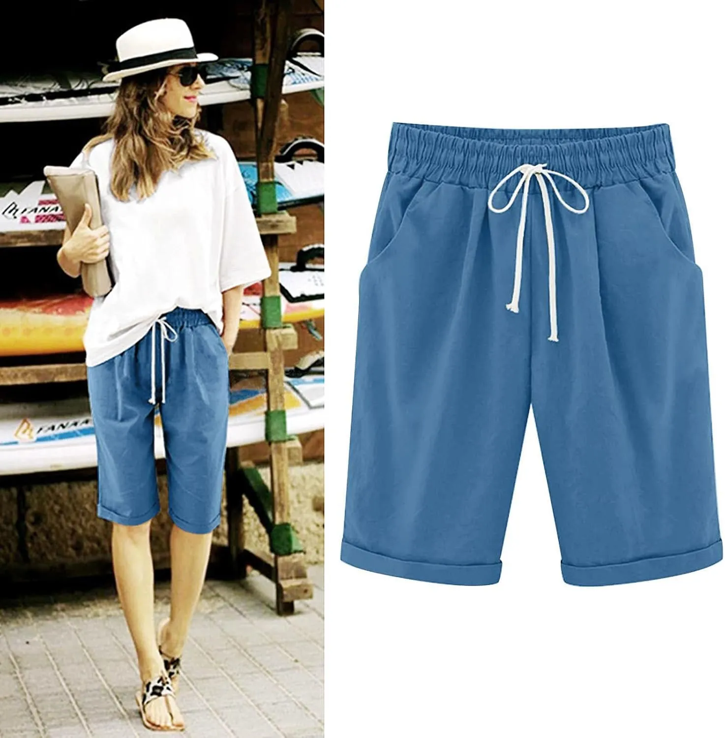 Shorts for Women Casual Summer Knee Length Drawstring Bermuda Shorts Loose Cute Wear 2024 Fashion Beach Clothes