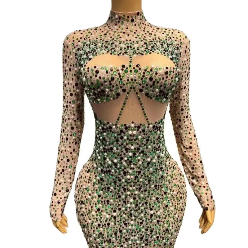 Sleeve Pearls Prom Dresses Sheer O-neck Sexy