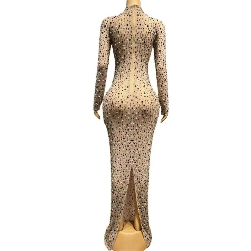 Sleeve Pearls Prom Dresses Sheer O-neck Sexy