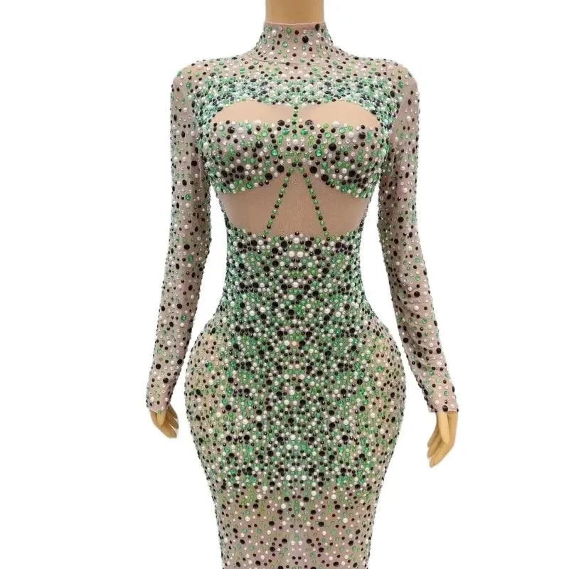 Sleeve Pearls Prom Dresses Sheer O-neck Sexy