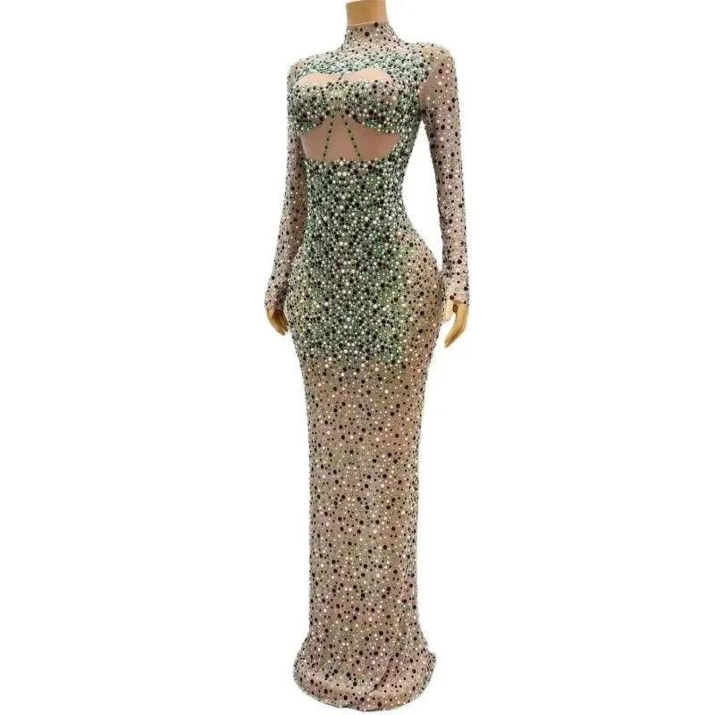 Sleeve Pearls Prom Dresses Sheer O-neck Sexy