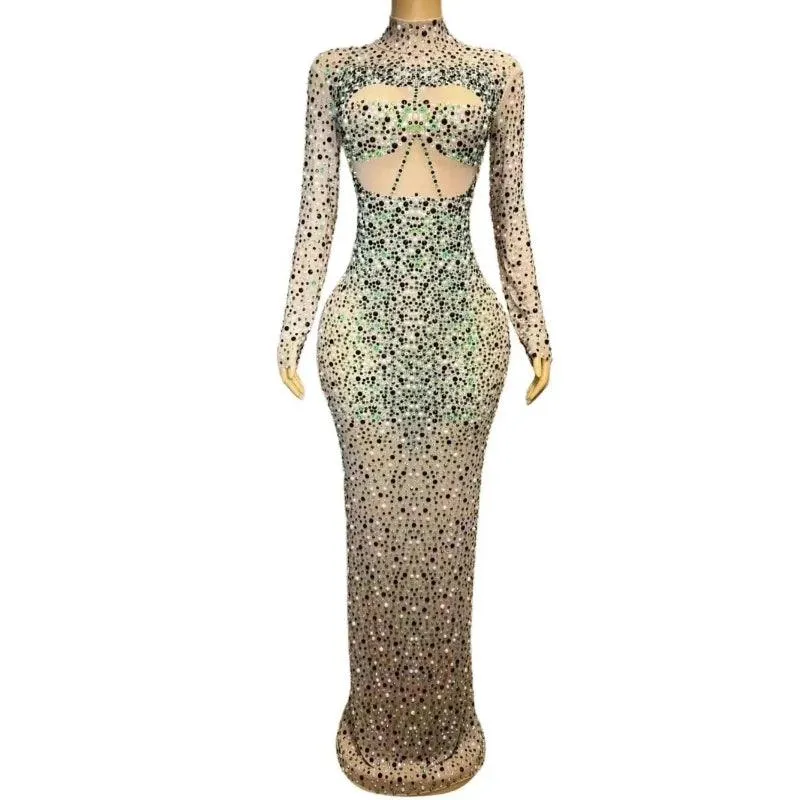 Sleeve Pearls Prom Dresses Sheer O-neck Sexy