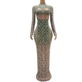 Sleeve Pearls Prom Dresses Sheer O-neck Sexy
