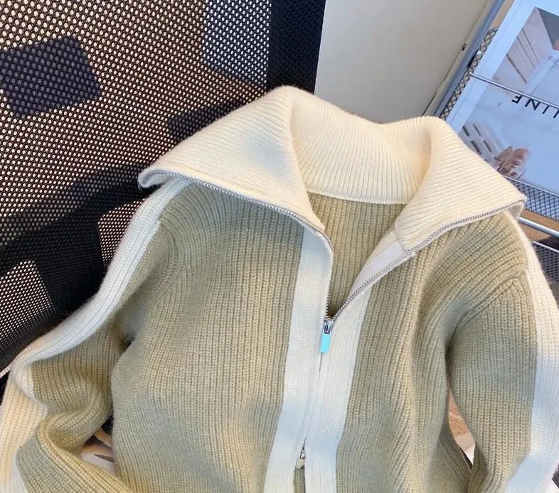 Solid Zipper Patchwork  Loose Thick Sweater