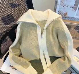 Solid Zipper Patchwork  Loose Thick Sweater