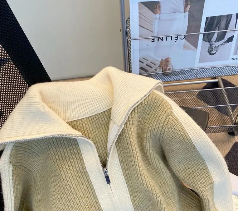 Solid Zipper Patchwork  Loose Thick Sweater