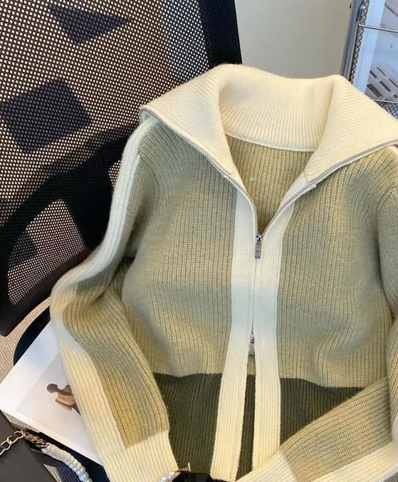 Solid Zipper Patchwork  Loose Thick Sweater
