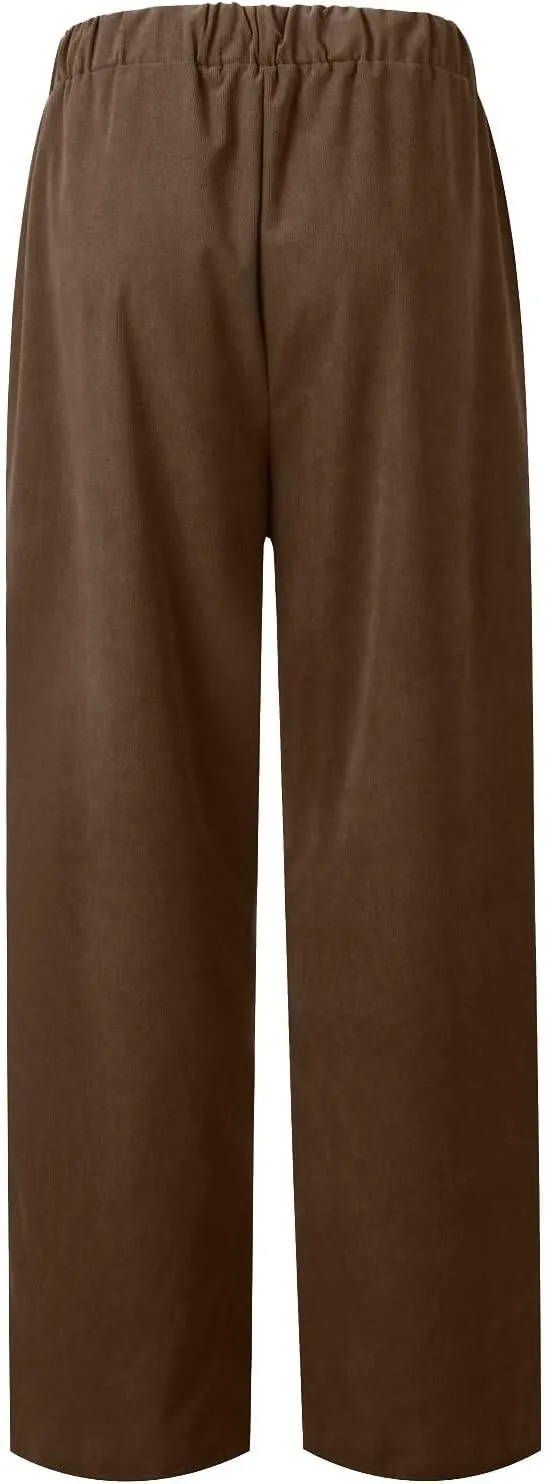 Straight Wide Leg Corduroy Pants Women Business Casual High Waisted Pull On Work Pants Comfy Soft Elastic Waist Pants