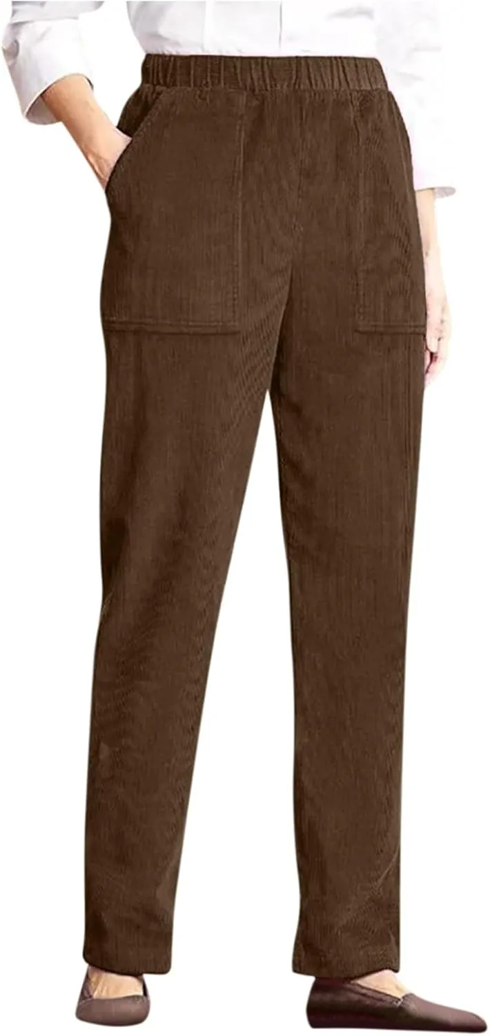 Straight Wide Leg Corduroy Pants Women Business Casual High Waisted Pull On Work Pants Comfy Soft Elastic Waist Pants