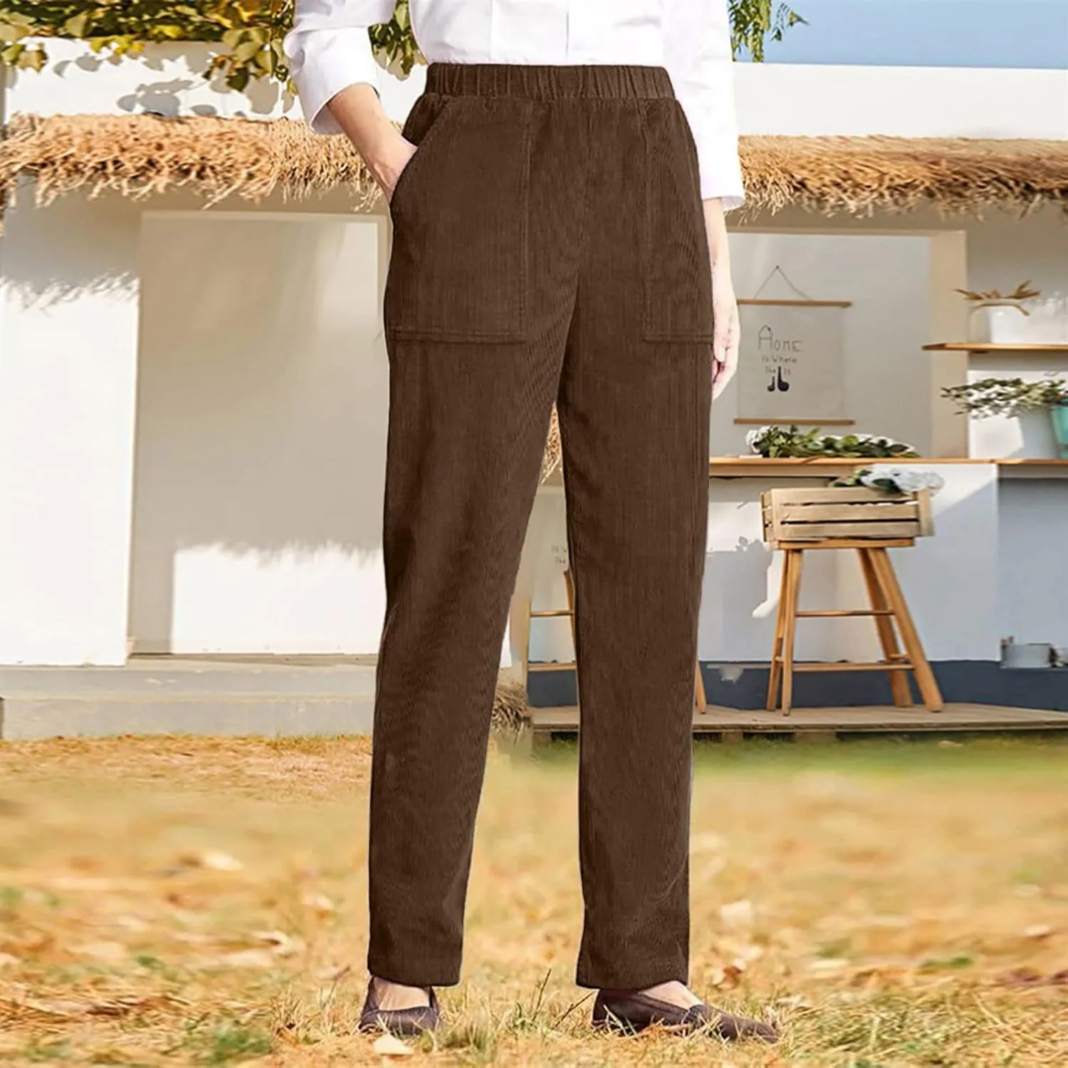 Straight Wide Leg Corduroy Pants Women Business Casual High Waisted Pull On Work Pants Comfy Soft Elastic Waist Pants