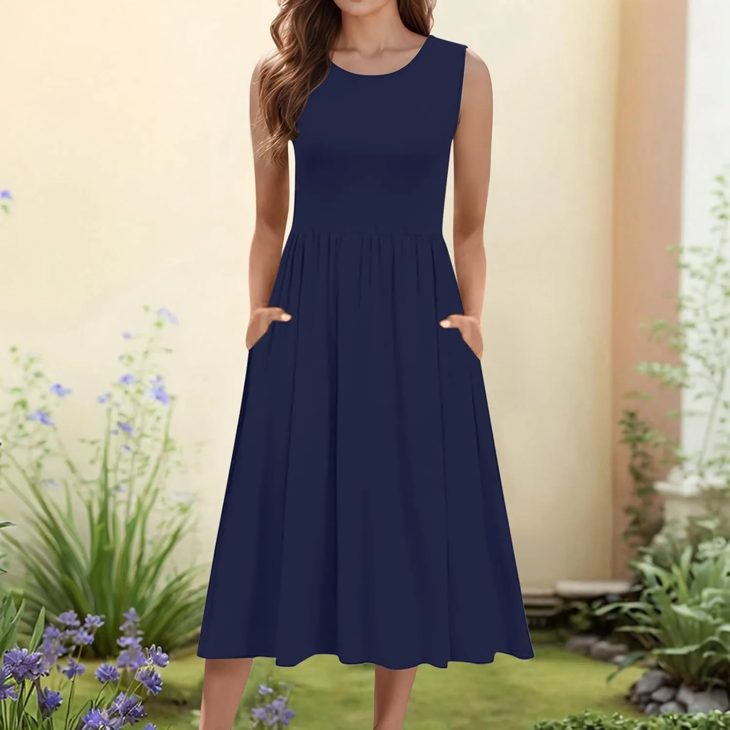 Summer Maxi Dresses for Women 2025 Sleeveless Deep V Neck Long Dresses Loose Plain Maxi Casual Vacation Dress