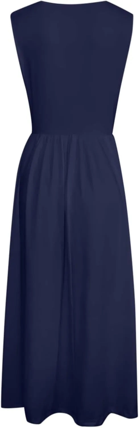 Summer Maxi Dresses for Women 2025 Sleeveless Deep V Neck Long Dresses Loose Plain Maxi Casual Vacation Dress