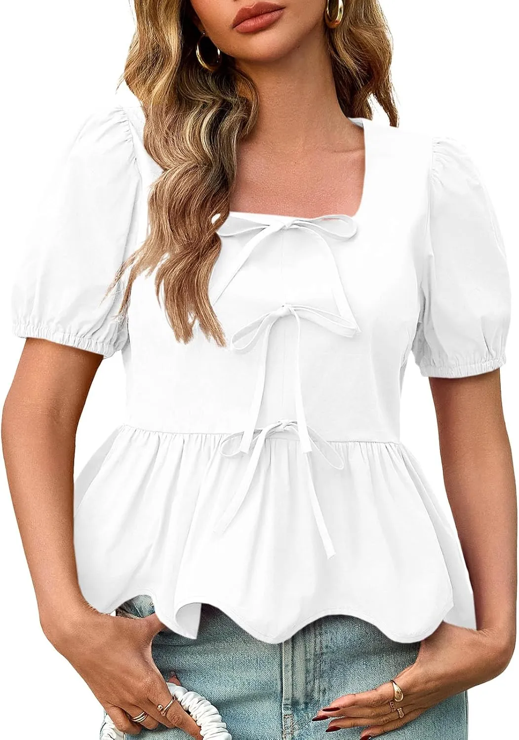 Tankaneo Womens Summer Peplum Babydoll Tops Square Neck Short Puff Sleeve Blouses Ruffle Cute Bow Shirts