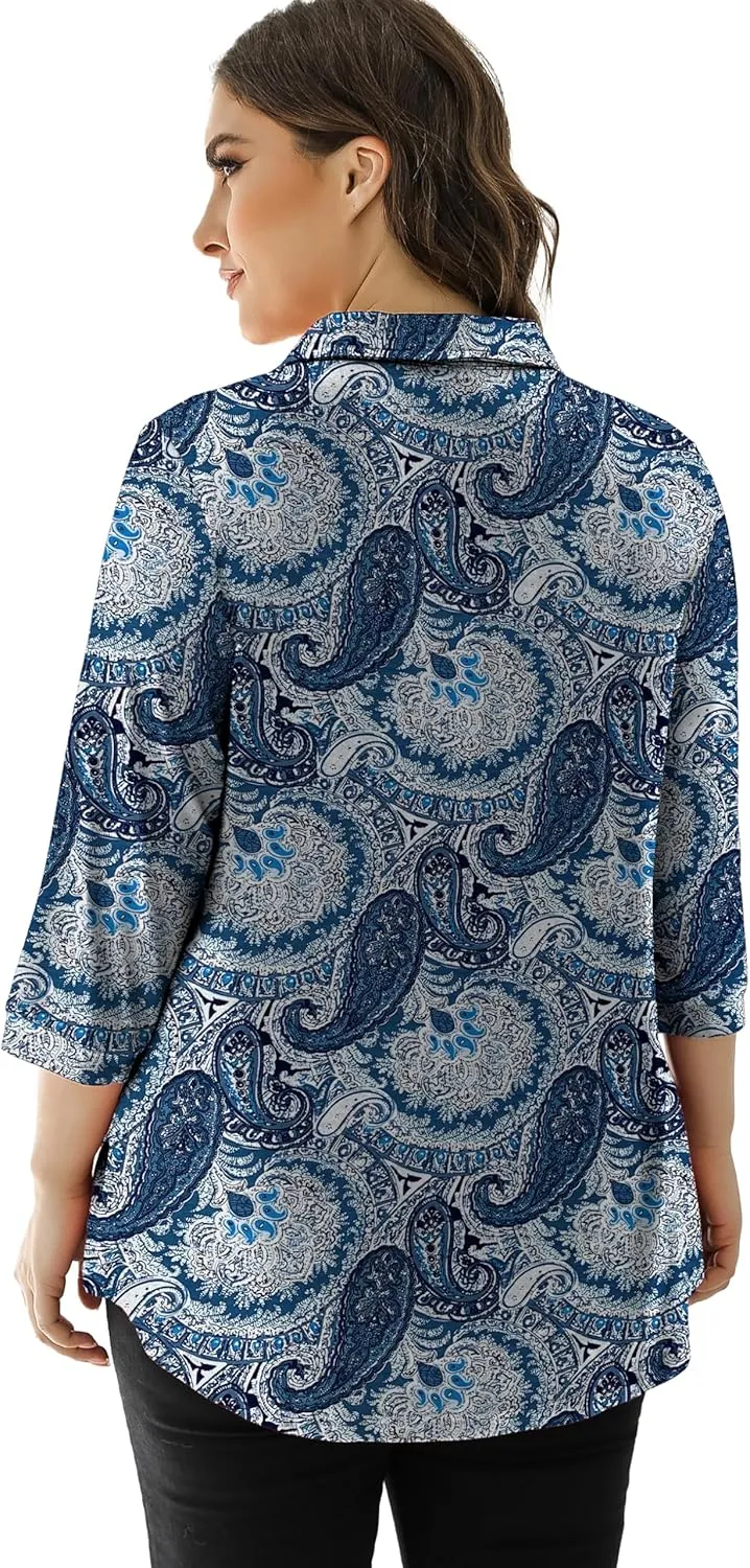 U.Vomade Women's 3/4 Sleeve Plus Size Tops Collared V Neck Casual Comfy Work Blouses L-4X