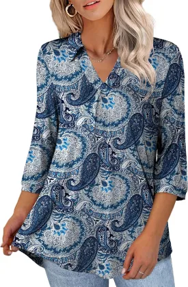 U.Vomade Women's 3/4 Sleeve Plus Size Tops Collared V Neck Casual Comfy Work Blouses L-4X