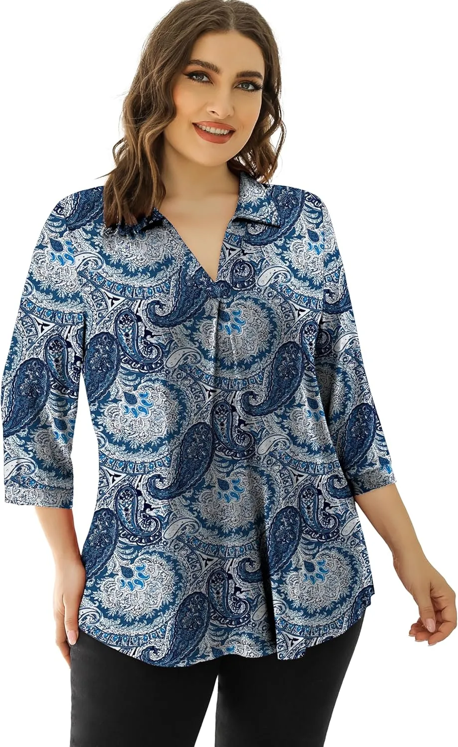 U.Vomade Women's 3/4 Sleeve Plus Size Tops Collared V Neck Casual Comfy Work Blouses L-4X