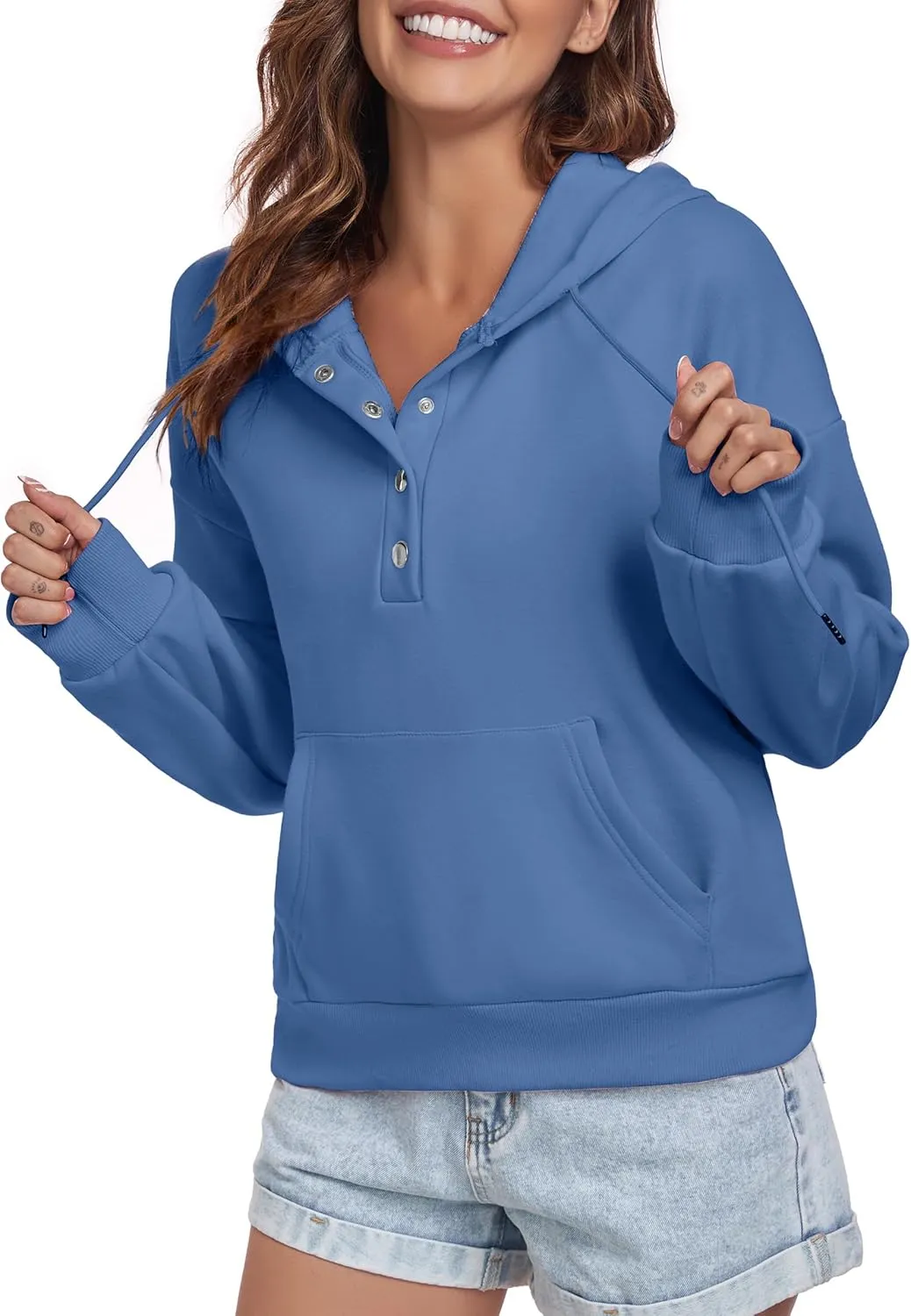 Women Hoodies Casual Button Down Sweatshirt Drawstring Long Sleeve Pullover Fall Winter Clothes with Pockets
