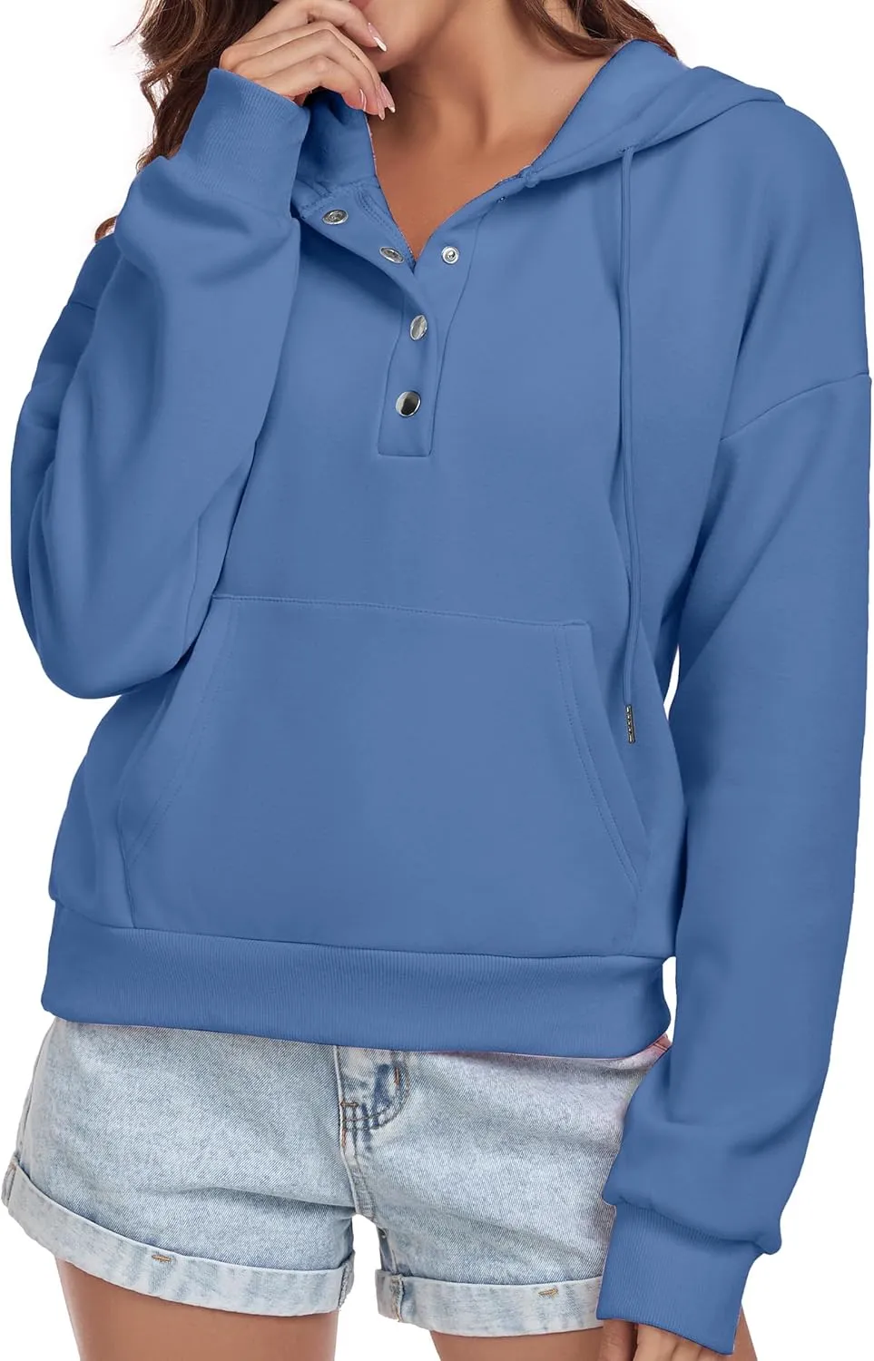 Women Hoodies Casual Button Down Sweatshirt Drawstring Long Sleeve Pullover Fall Winter Clothes with Pockets