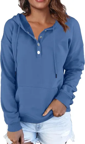 Women Hoodies Casual Button Down Sweatshirt Drawstring Long Sleeve Pullover Fall Winter Clothes with Pockets