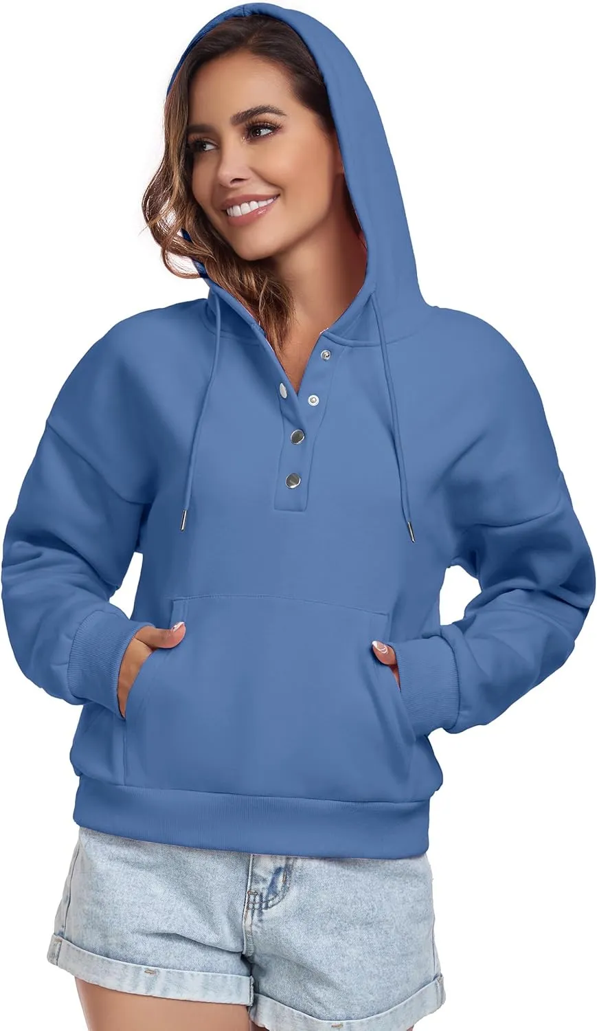 Women Hoodies Casual Button Down Sweatshirt Drawstring Long Sleeve Pullover Fall Winter Clothes with Pockets