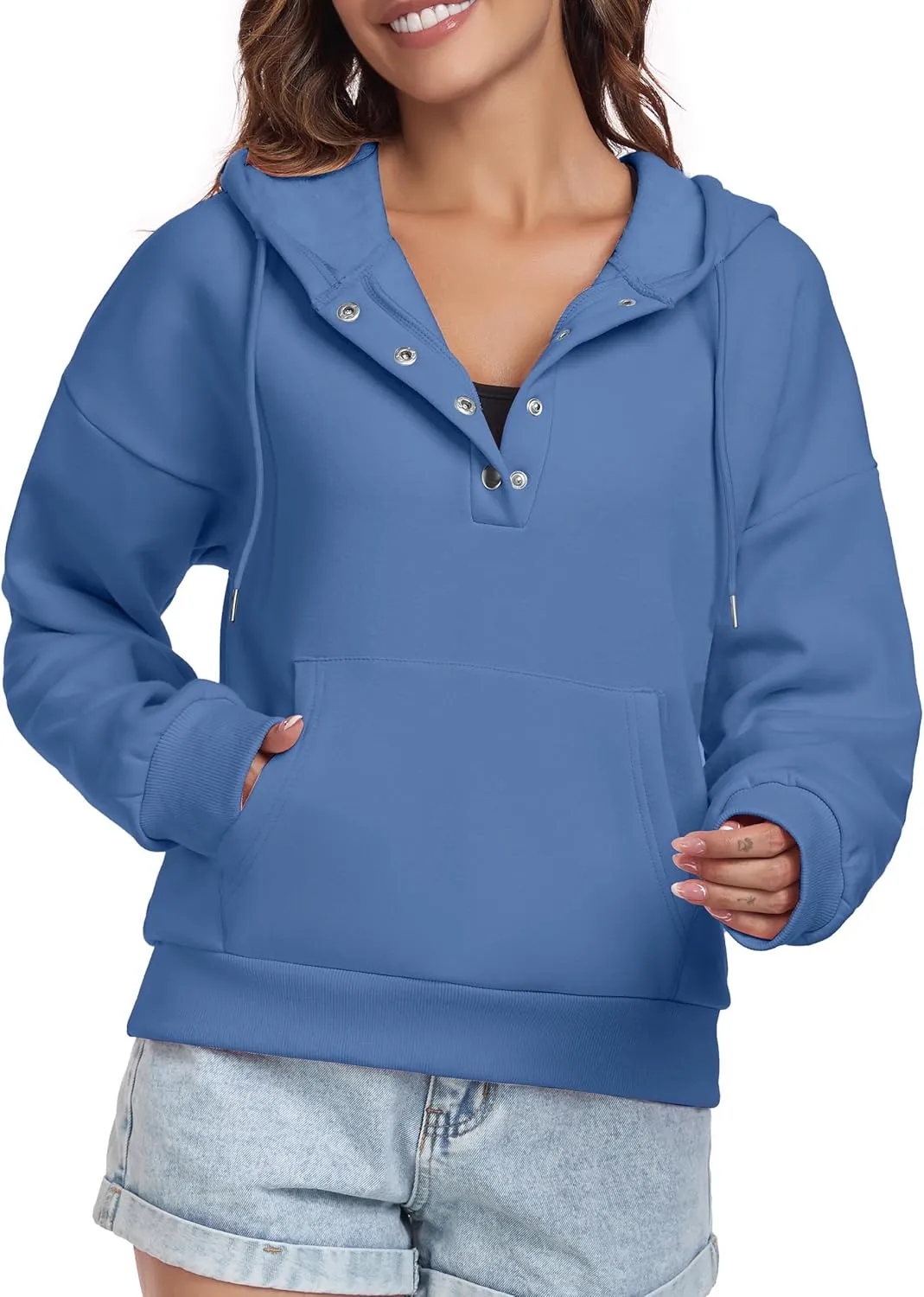 Women Hoodies Casual Button Down Sweatshirt Drawstring Long Sleeve Pullover Fall Winter Clothes with Pockets