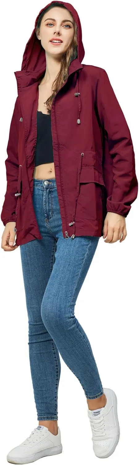 Women-Rain Jacket-Hood Waterproof-Lightweight Windbreak-Packable  Cute RainCoats Travel Polka Dot Ladies With Pouch
