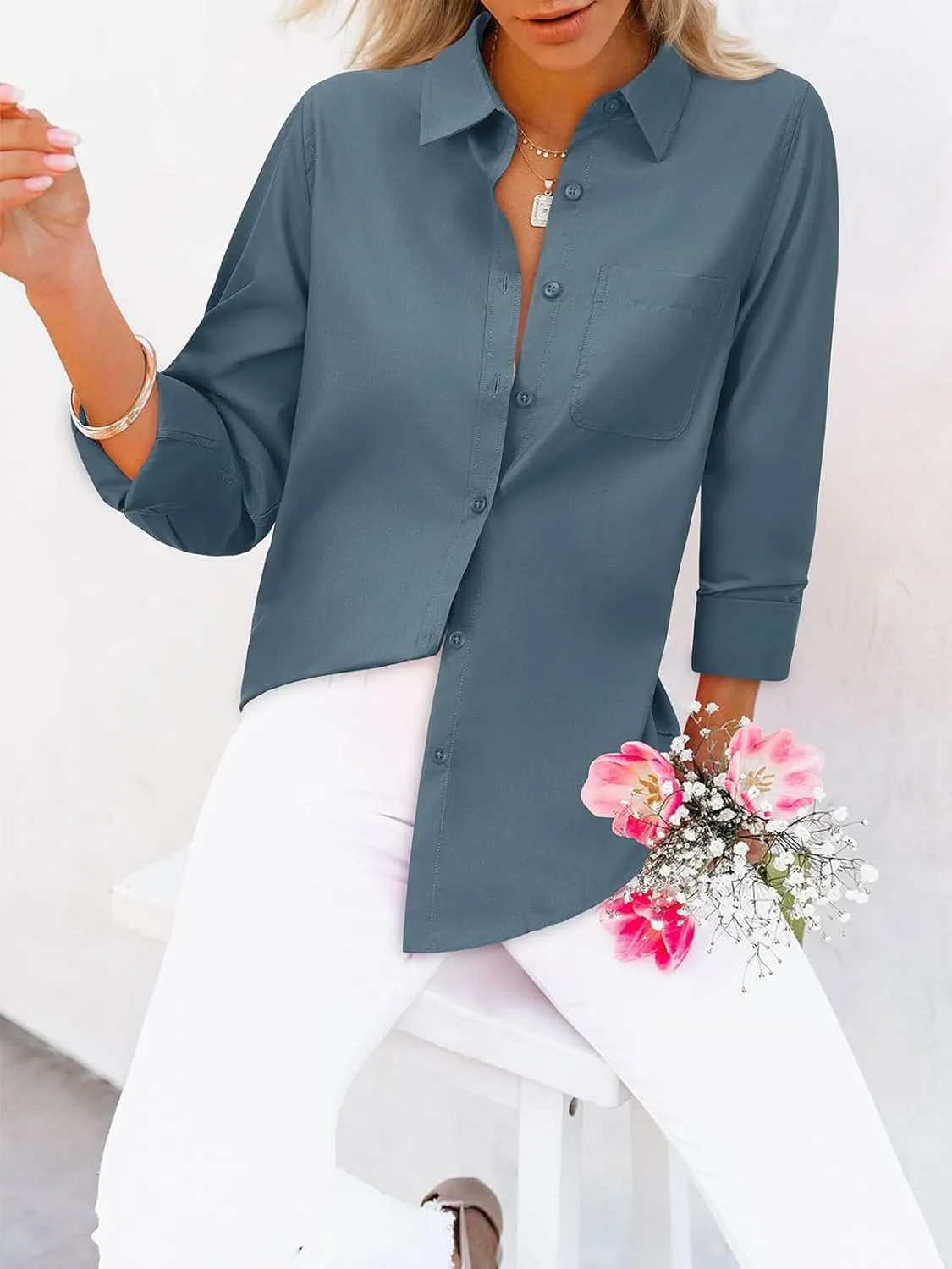 Womens Button Down Shirts Dress Shirt Collared Wrinkle Free Long Sleeve Blouse Office Tunics Tops with Pockets