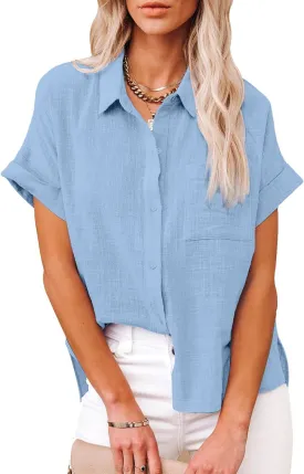 Womens Cotton Linen Button Down Shirts Short Sleeve Dress Shirts Casual Summer Tops Blouses with Pockets