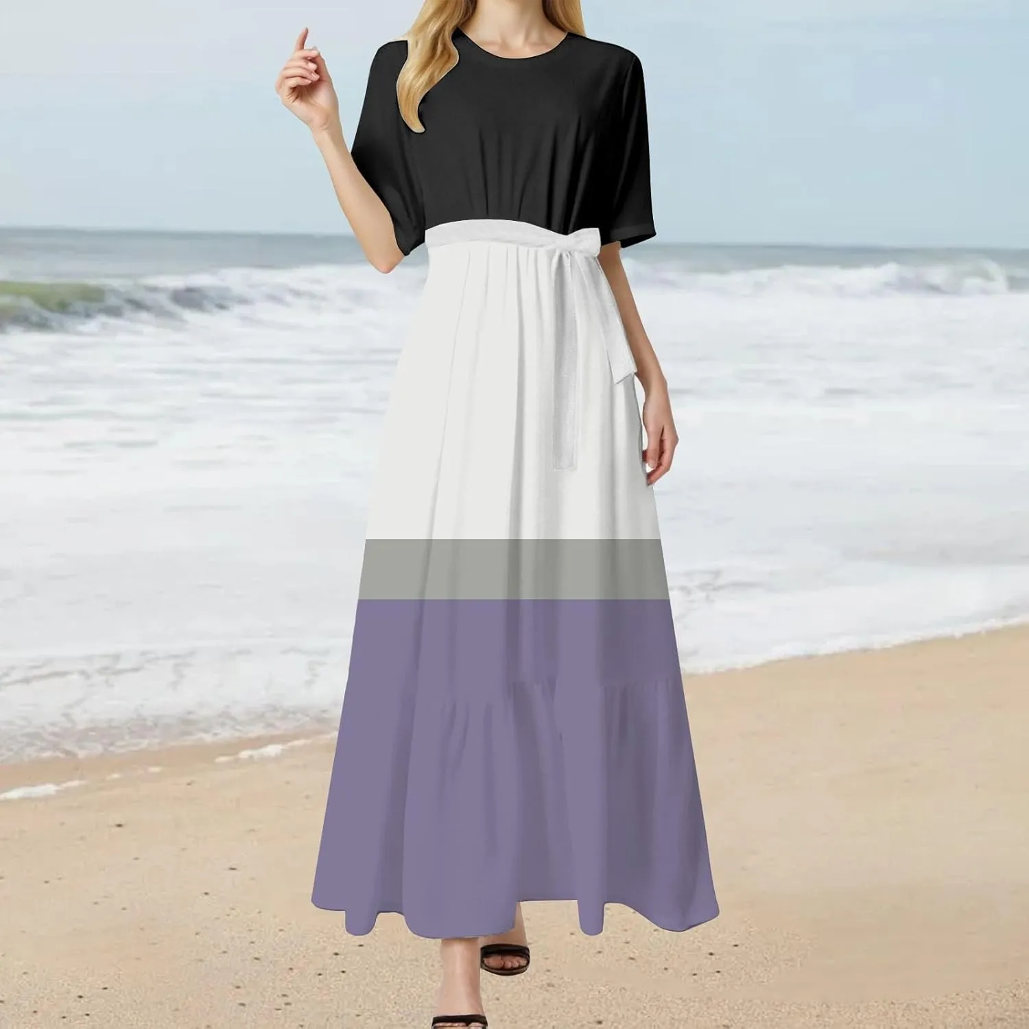 Women's Dresses Casual Summer Tiered Midi Dress Short Sleeve Belted Ruffle Babydoll Boho Sundress with Pockets